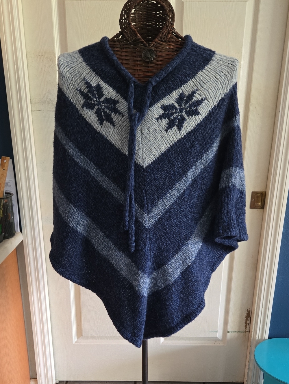 High Country Blue Patterned Women's Knit Poncho Sweater-New Zealan Wool
